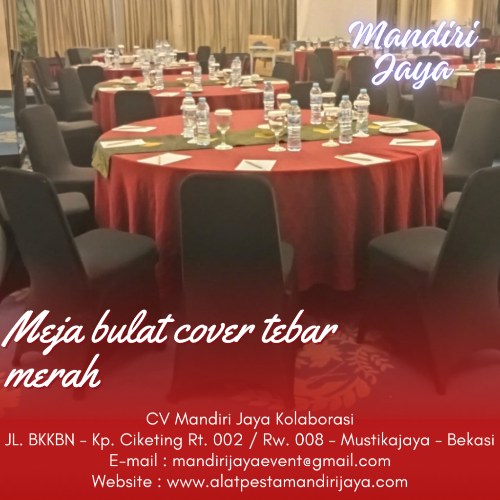 Sewa Meja Bulat Cover Tebar Merah Jakarta