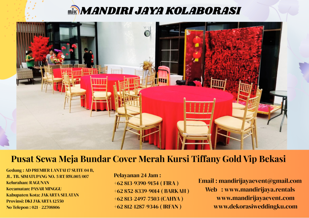 Pusat Sewa Meja Bundar Cover Merah Kursi Tiffany Gold Vip Bekasi