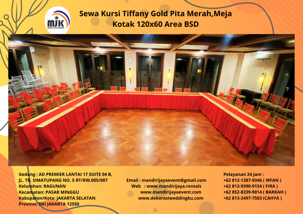 Sewa Kursi Tiffany Gold Pita Merah,Meja Kotak 120x60 Area BSD