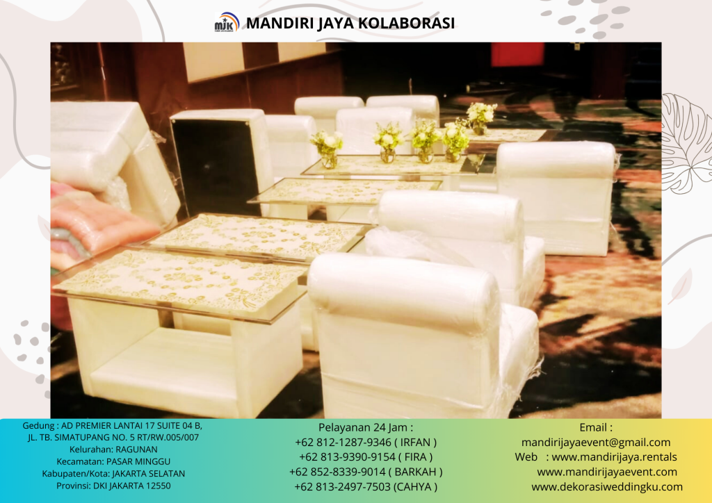 JASA SEWA SOFA PUTIH TYPE LESEHAN, MEJA KACA VIP JAKARTA