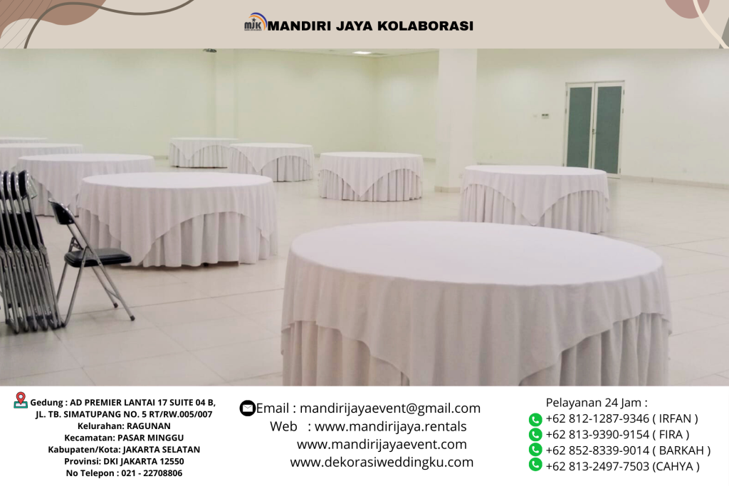 Sewa Meja Bundar Cover Taplak Tebar Putih Area Jakarta Utara