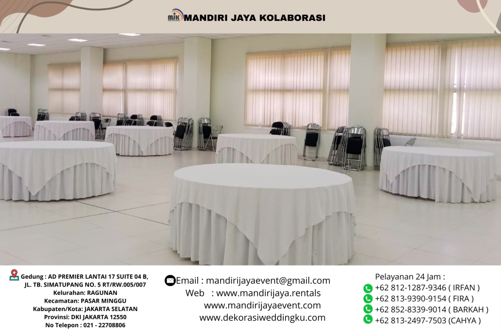 Sewa Meja Bundar Cover Taplak Tebar Putih Area Jakarta Utara