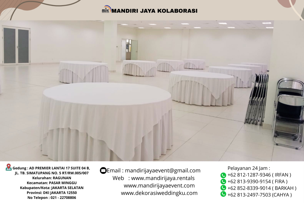 Sewa Meja Bundar Cover Taplak Tebar Putih Area Jakarta Utara