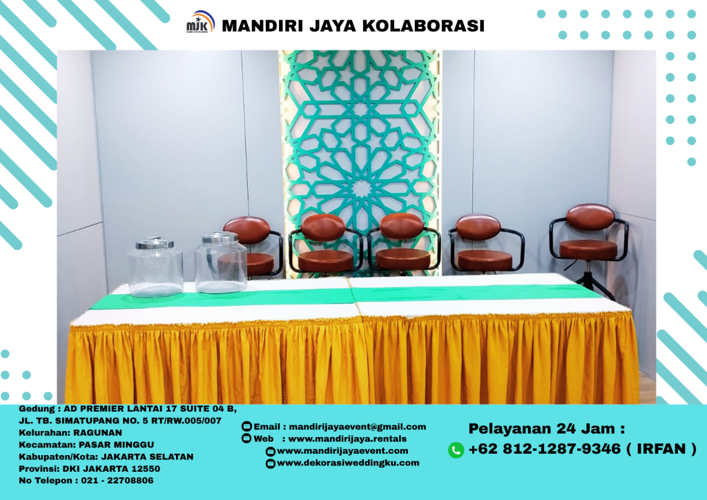 Sewa Meja Kotak UK120x80cm Taplak Putih Skirting Kuning Runner Hijau Area Bekasi