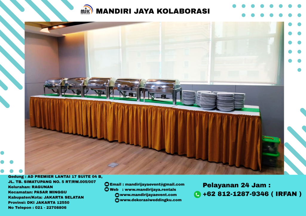 Sewa Meja Kotak UK120x80cm Taplak Putih Skirting Kuning Runner Hijau Area Bekasi