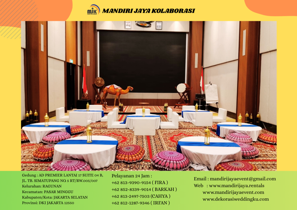 SEWA SOFA LESEHAN PUTIH, MEJA LESEHAN BULAT UKURAN 120CM TOPING RUNER BIRU AREA PIK