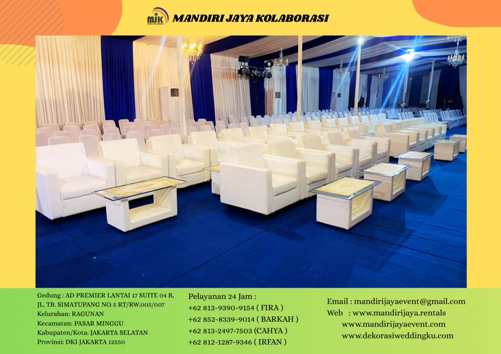 SEWA TENDA SERUT PUTIH BIRU, MEJA VIP KACA, SOFA SINGLE AREA JAKARTA