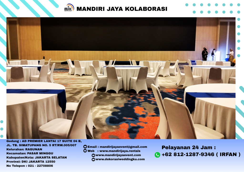 Jasa Sewa Meja Bulat D160 Cover Tebar Putih Biru Area Jakarta Timur