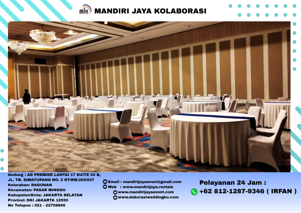 Jasa Sewa Meja Bulat D160 Cover Tebar Putih Biru Area Jakarta Timur