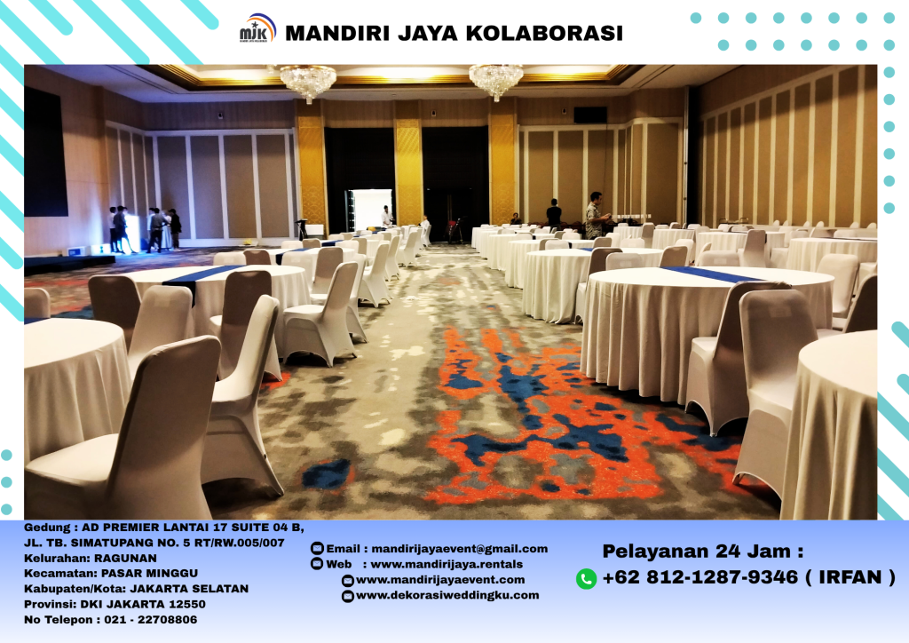 Jasa Sewa Meja Bulat D160 Cover Tebar Putih Biru Area Jakarta Timur