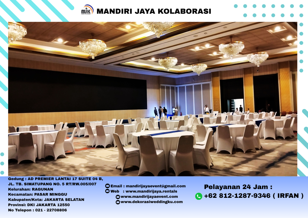 Jasa Sewa Meja Bulat D160 Cover Tebar Putih Biru Area Jakarta Timur