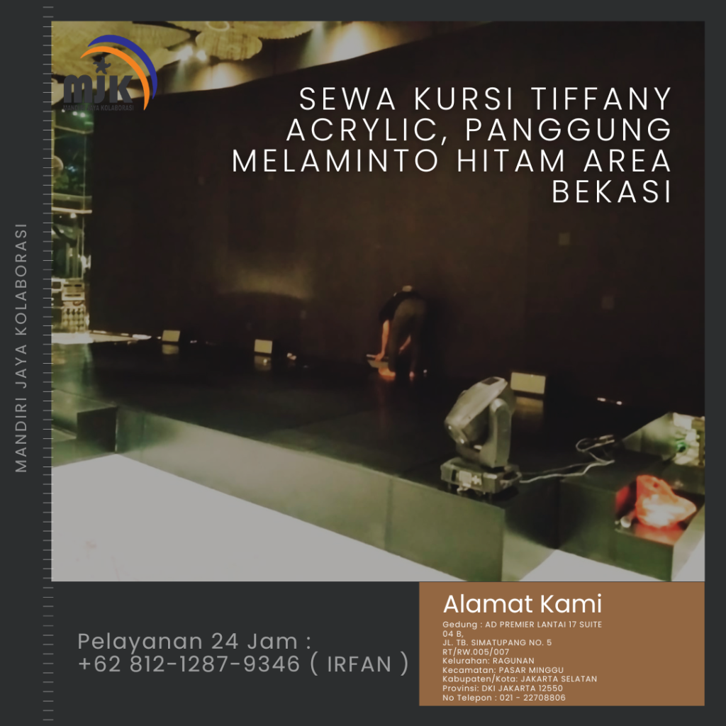 Sewa Kursi Tiffany Acrylic, Panggung Melaminto Hitam Area Bekasi