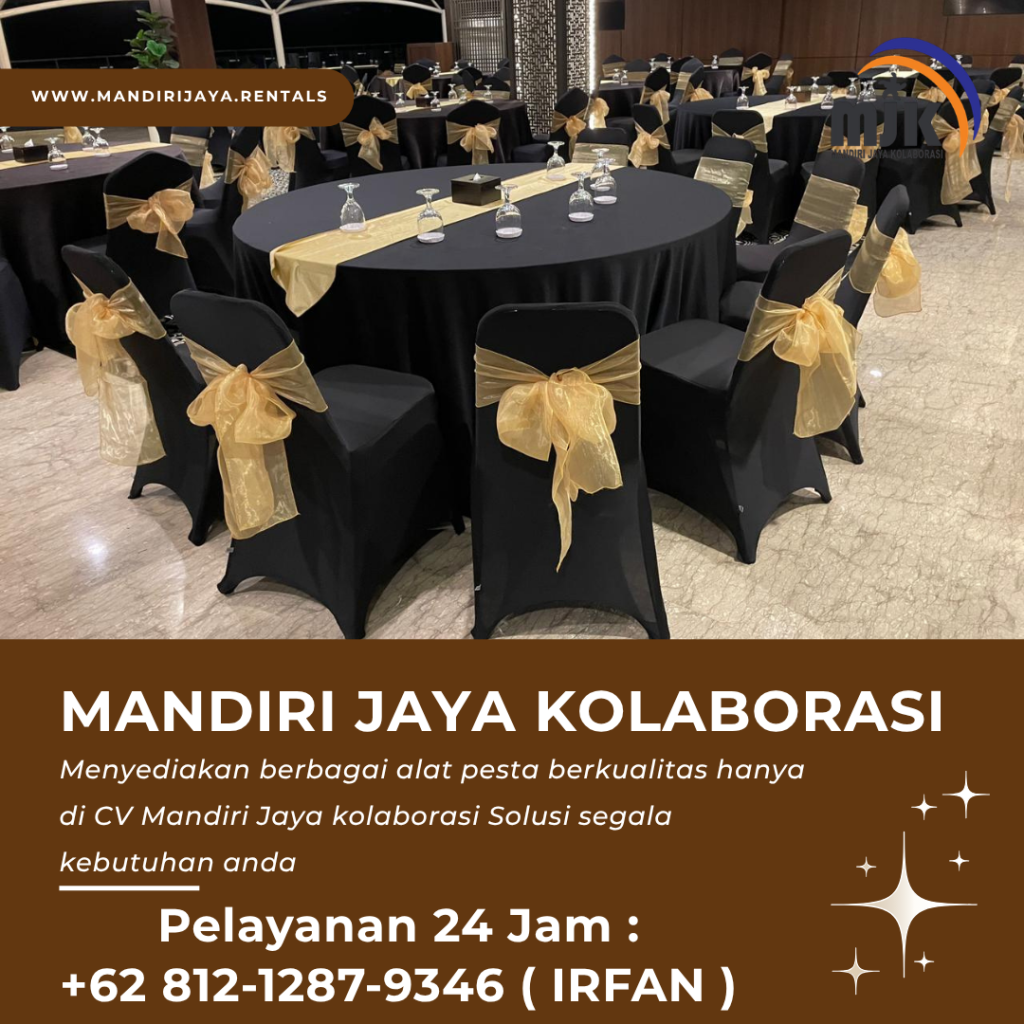 Sewa Meja Bulat D160 Cover Hitam, Kursi Susun Pita Gold Jakarta