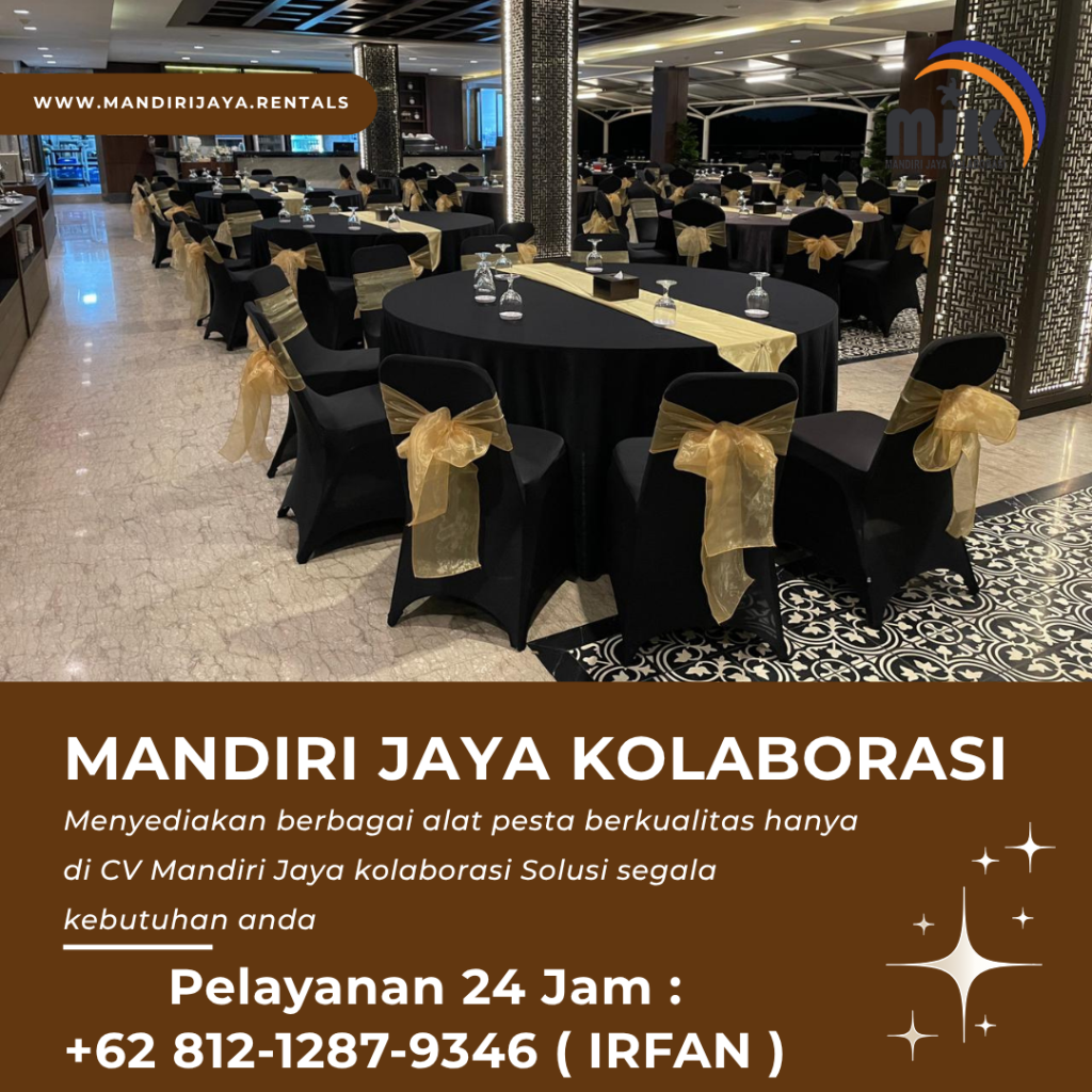 Sewa Meja Bulat D160 Cover Hitam, Kursi Susun Pita Gold Jakarta