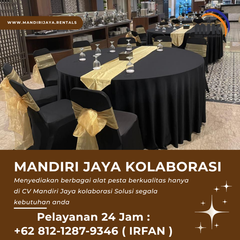 Sewa Meja Bulat D160 Cover Hitam, Kursi Susun Pita Gold Jakarta