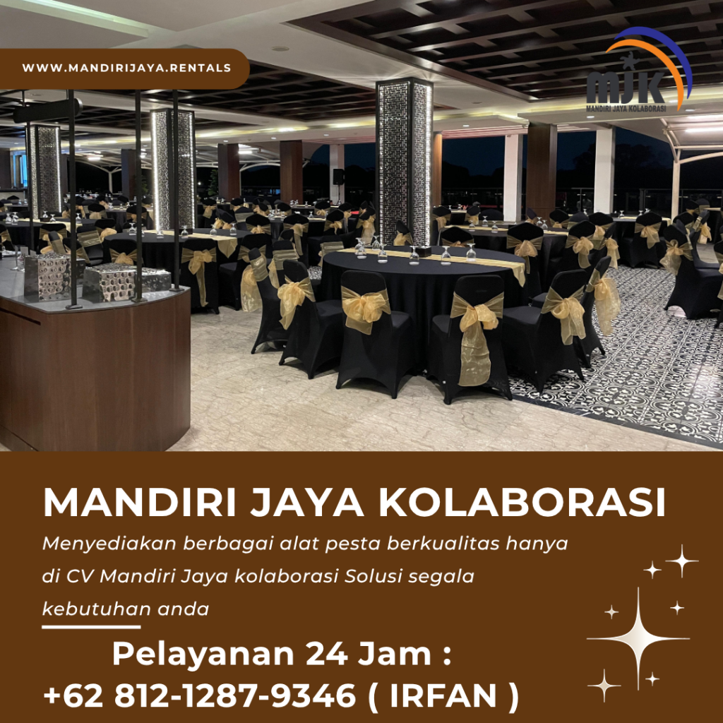 Sewa Meja Bulat D160 Cover Hitam, Kursi Susun Pita Gold Jakarta