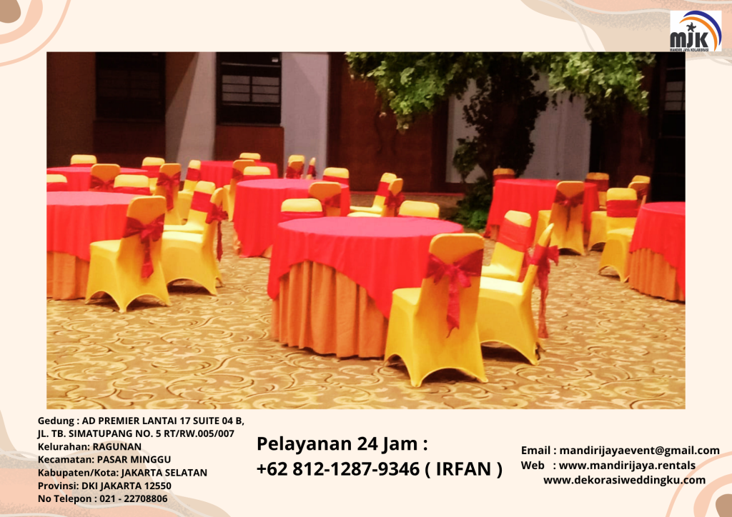 Sewa Meja Bundar Cover Taplak Meja Tebar Merah Runner Gold Depok