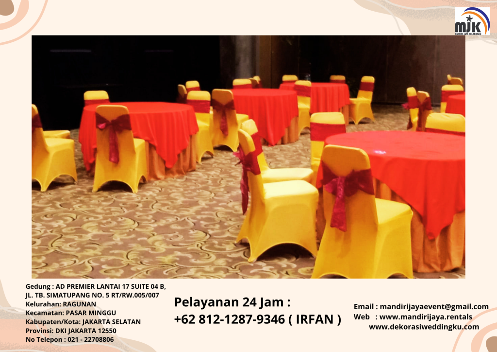Sewa Meja Bundar Cover Taplak Meja Tebar Merah Runner Gold Depok
