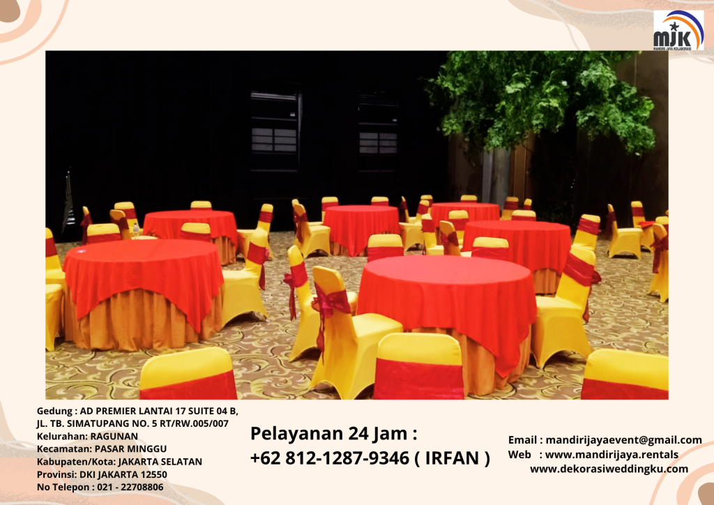 Sewa Meja Bundar Cover Taplak Meja Tebar Merah Runner Gold Depok