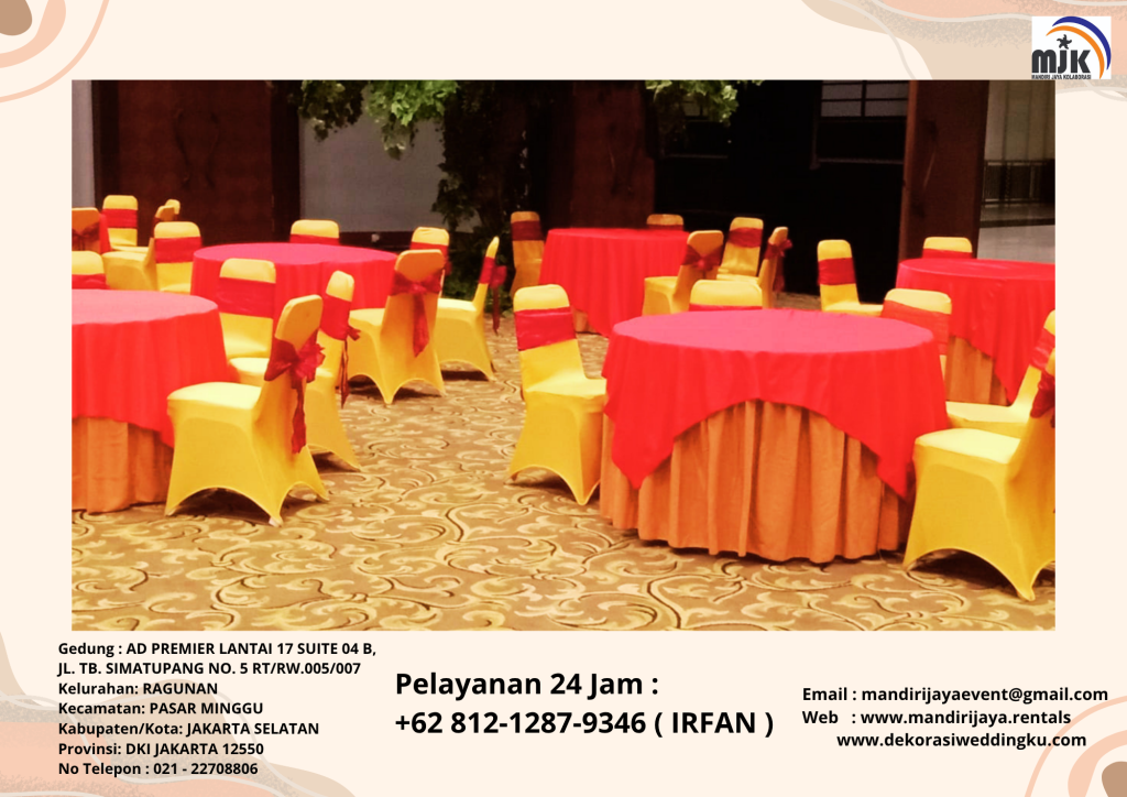 Sewa Meja Bundar Cover Taplak Meja Tebar Merah Runner Gold Depok