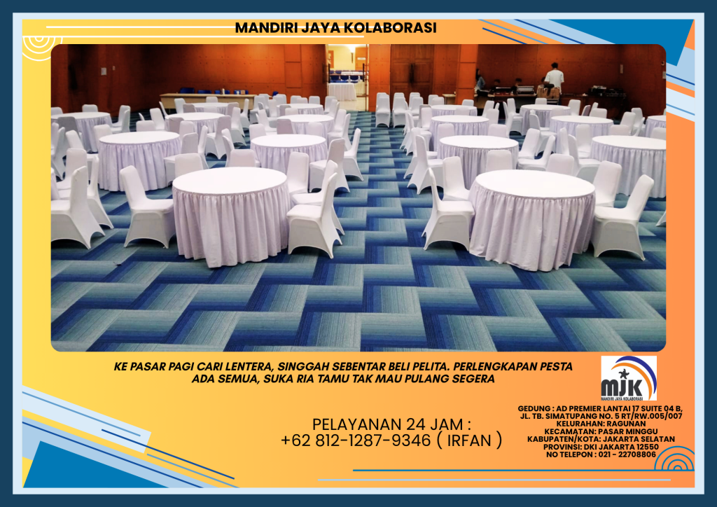 Sewa Meja Bundar D160 Cover Putih, Kursi Susun Area Jakarta Selatan