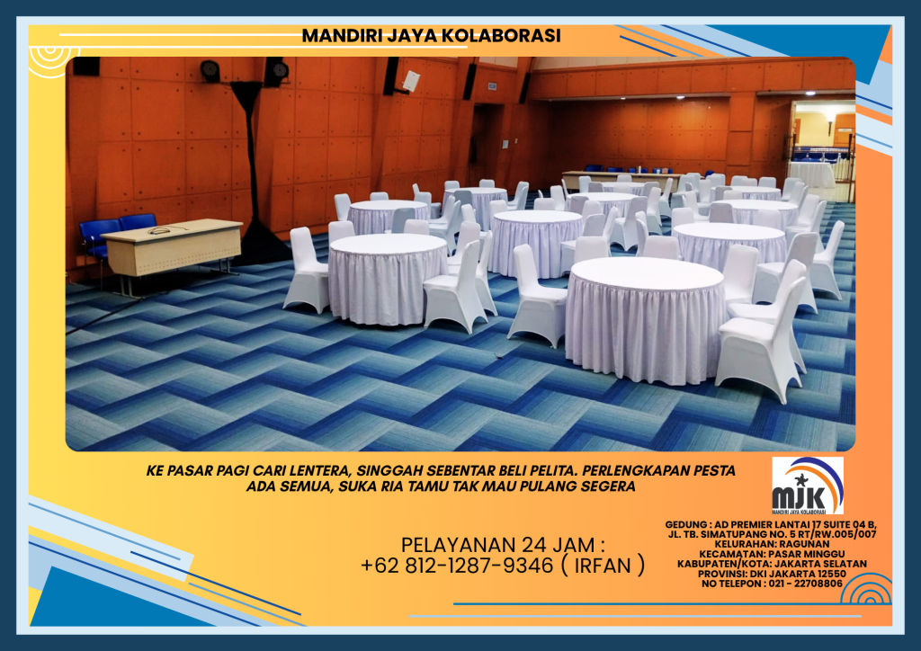 Sewa Meja Bundar D160 Cover Putih, Kursi Susun Area Jakarta Selatan