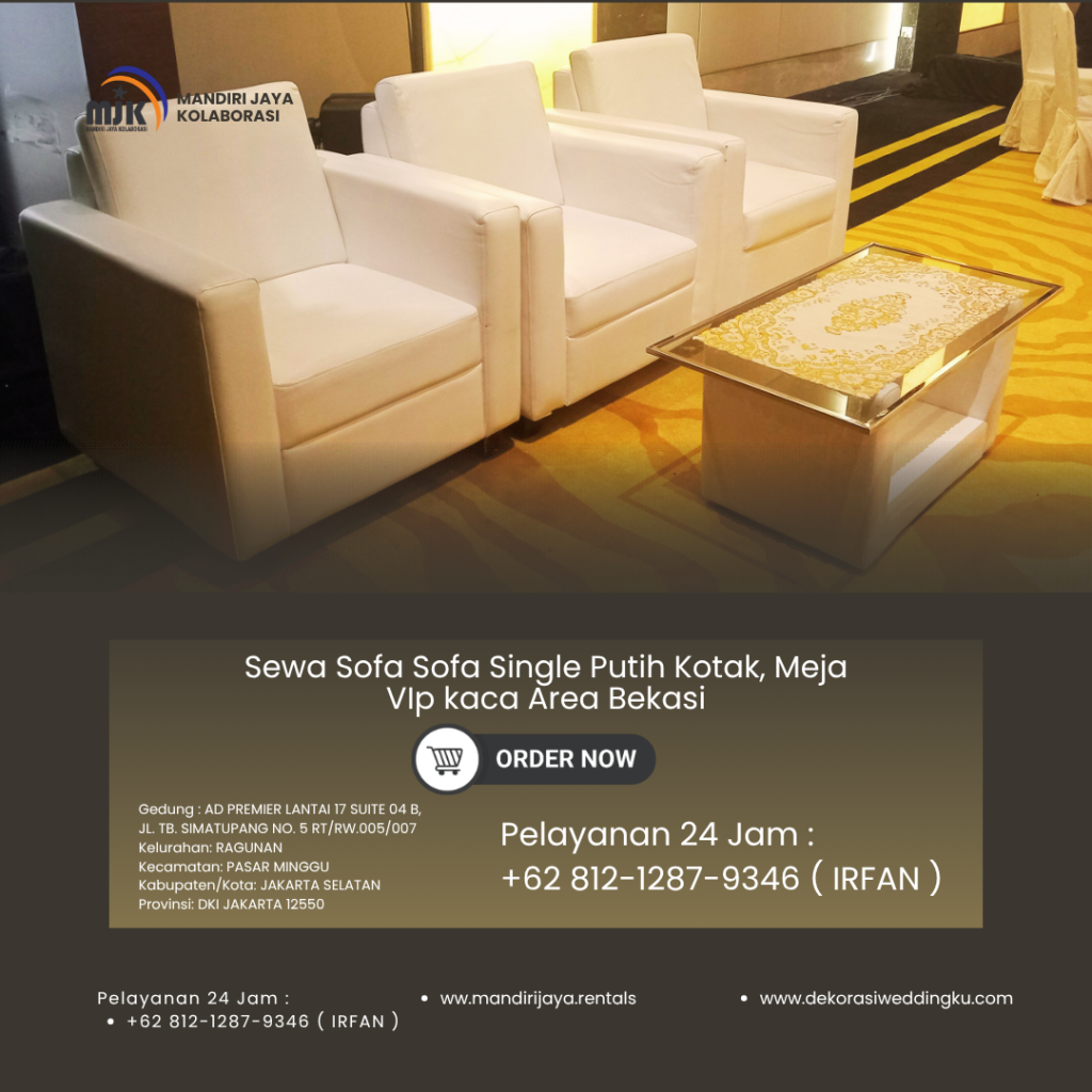 Sewa Sofa Sofa Single Putih Kotak, Meja VIp kaca Area Bekasi
