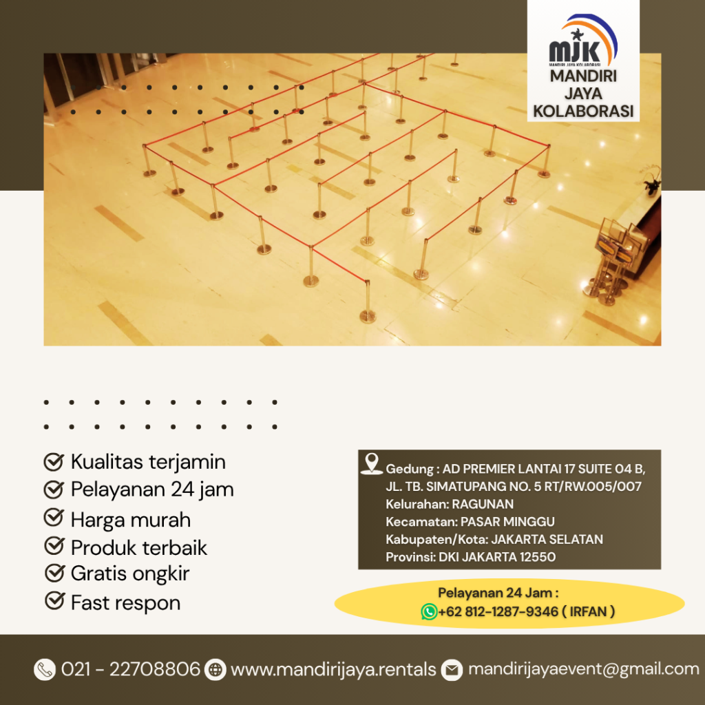 Sewa Tiang Pembatas Antri Stainless Type Pita Merah bogor
