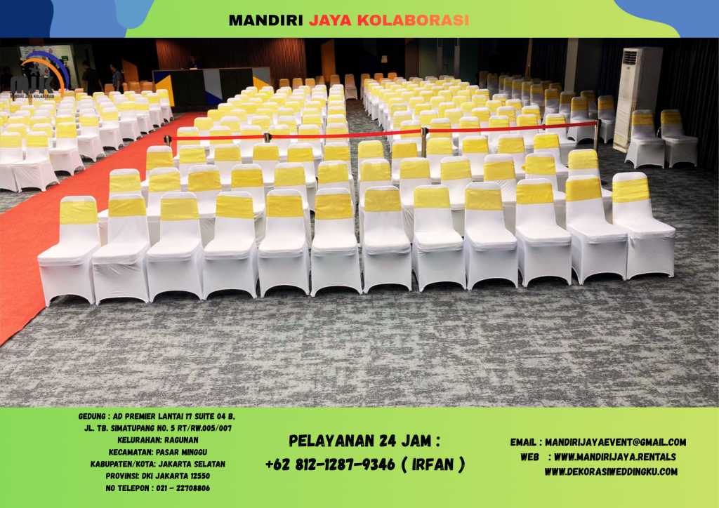 Sewa Kursi Susun Stainless Cover Putih Pita Gold Area Cakung Jakarta