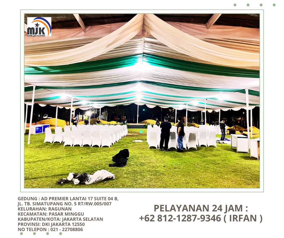 Rental Tenda Hanggar Dekor Kain Serut Putih Hijau Jaksel