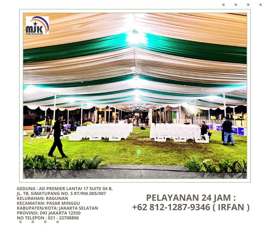 Rental Tenda Hanggar Dekor Kain Serut Putih Hijau Jaksel