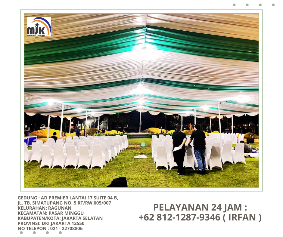 Rental Tenda Hanggar Dekor Kain Serut Putih Hijau Jaksel