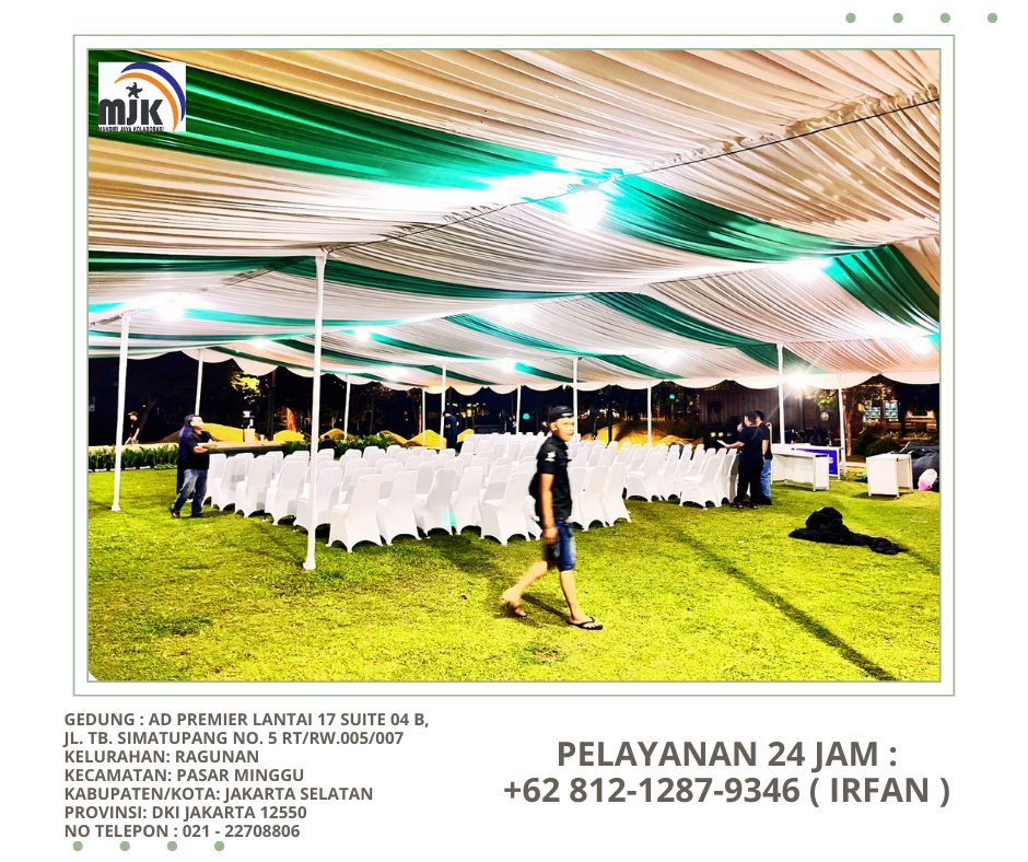 Rental Tenda Hanggar Dekor Kain Serut Putih Hijau Jaksel