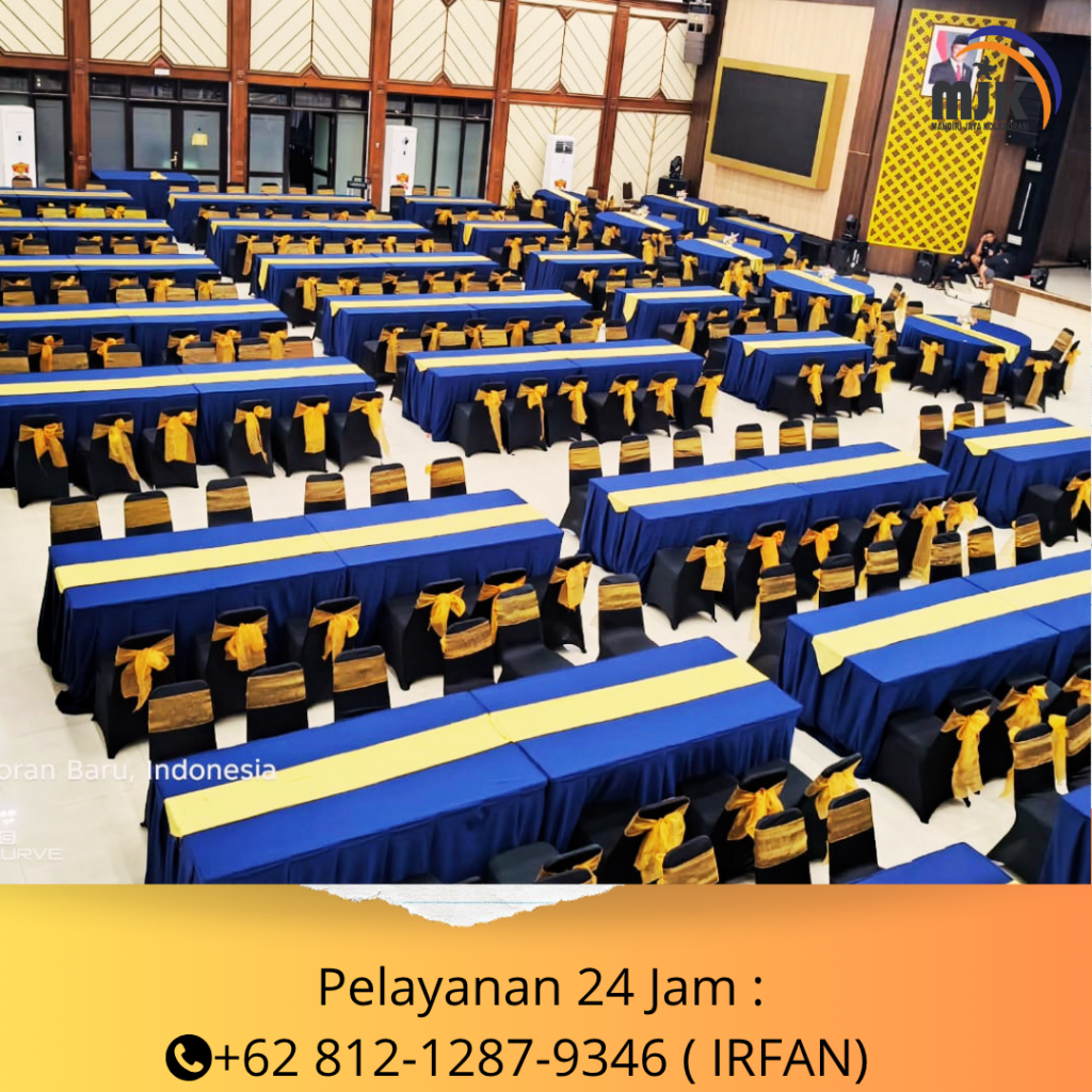 Sewa Kursi Cover Biru Pita Gold,Meja IBM, Meja Bulat Jakarta