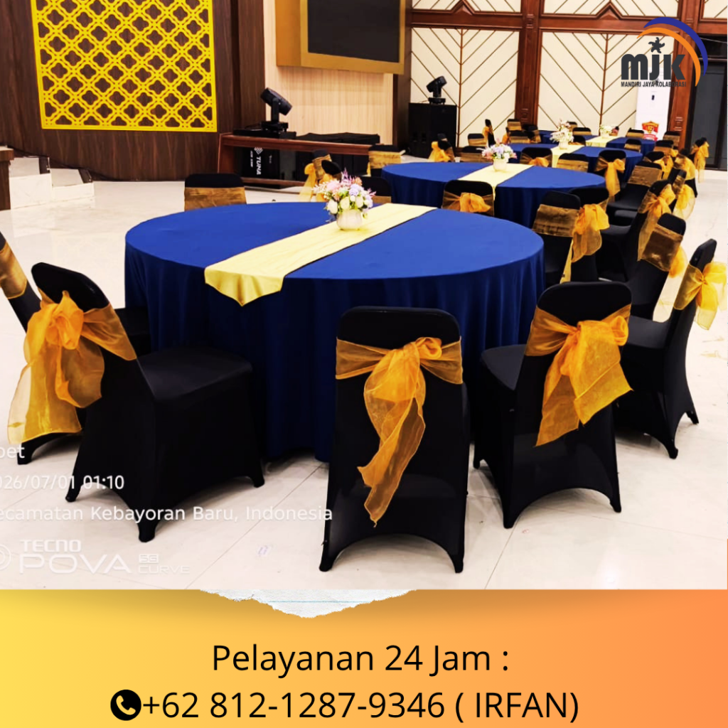 Sewa Kursi Cover Biru Pita Gold,Meja IBM, Meja Bulat Jakarta