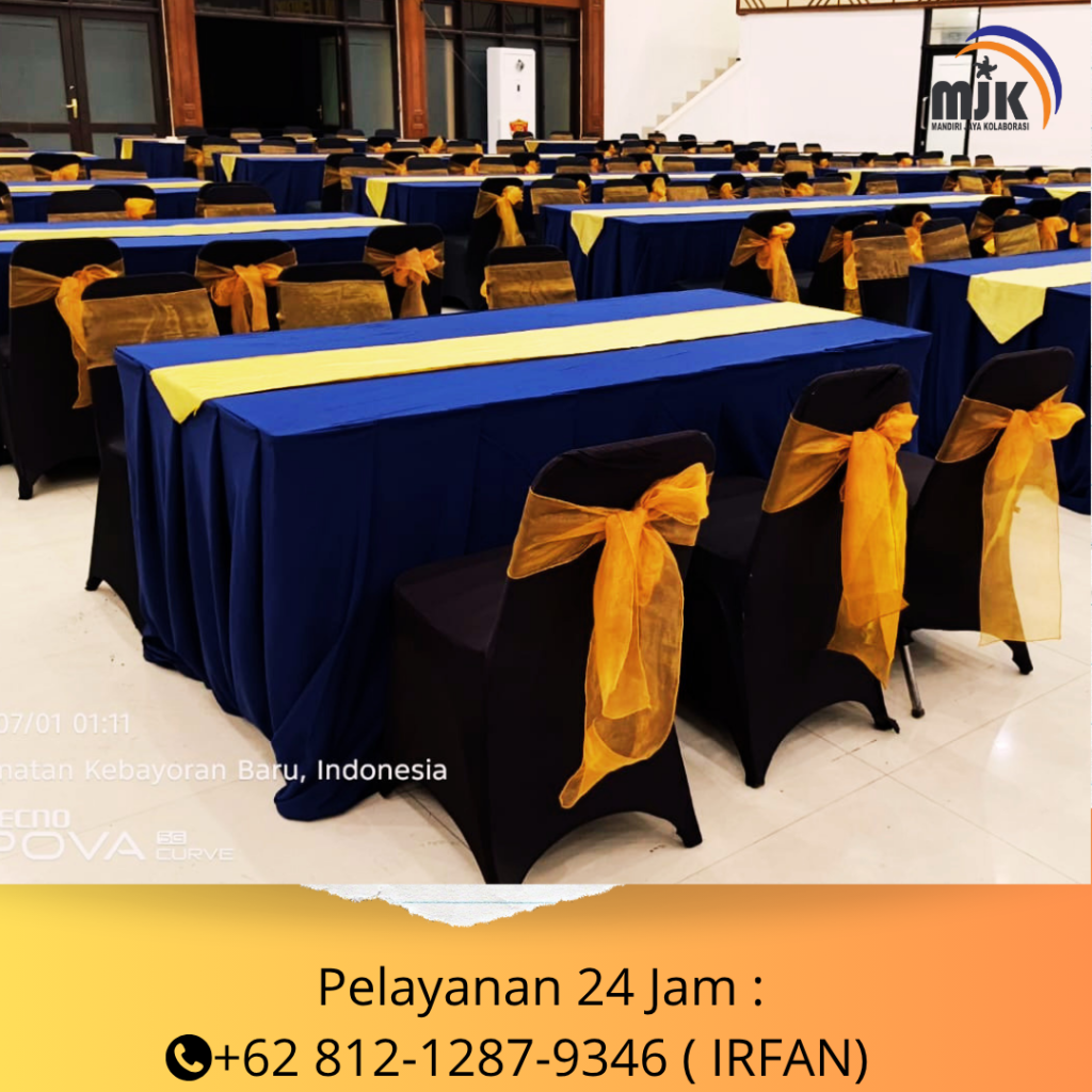 Sewa Kursi Cover Biru Pita Gold,Meja IBM, Meja Bulat Jakarta