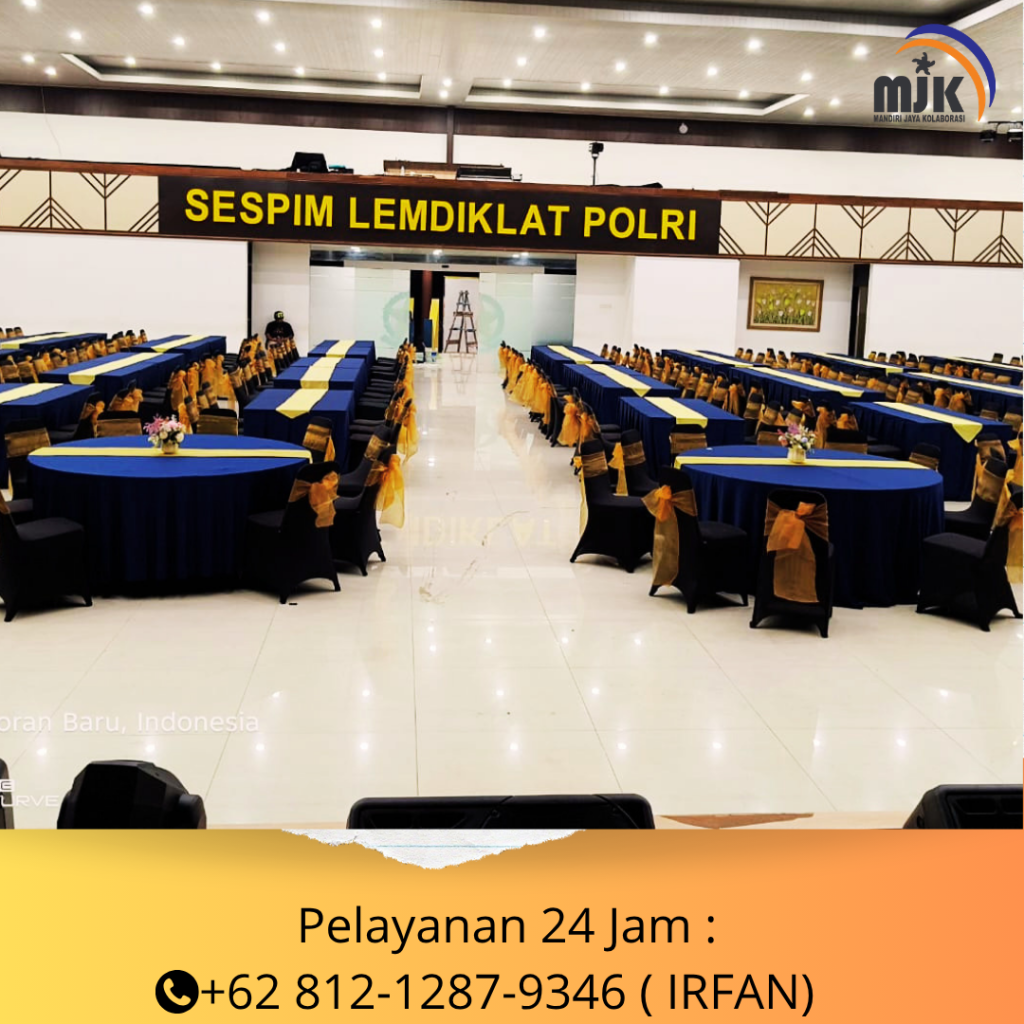 Sewa Kursi Cover Biru Pita Gold,Meja IBM, Meja Bulat Jakarta