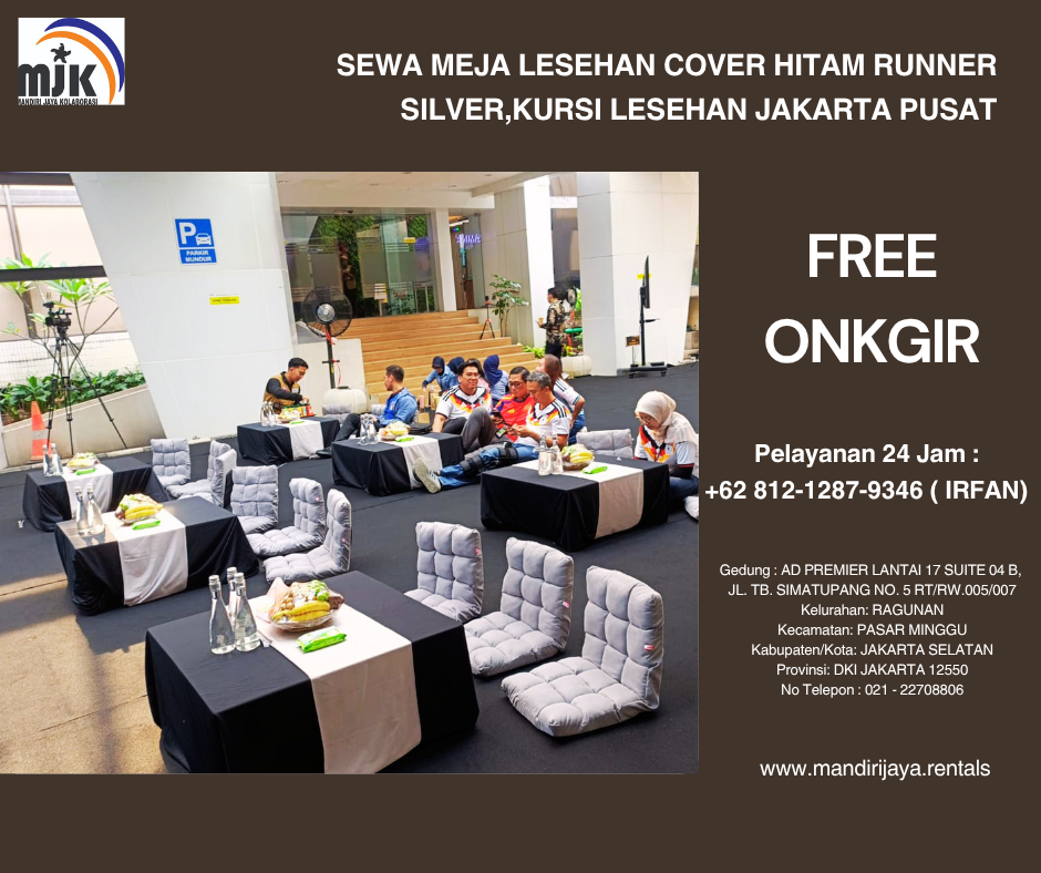 Sewa Meja Lesehan cover Hitam Runner Silver,Kursi Lesehan Jakarta Pusat