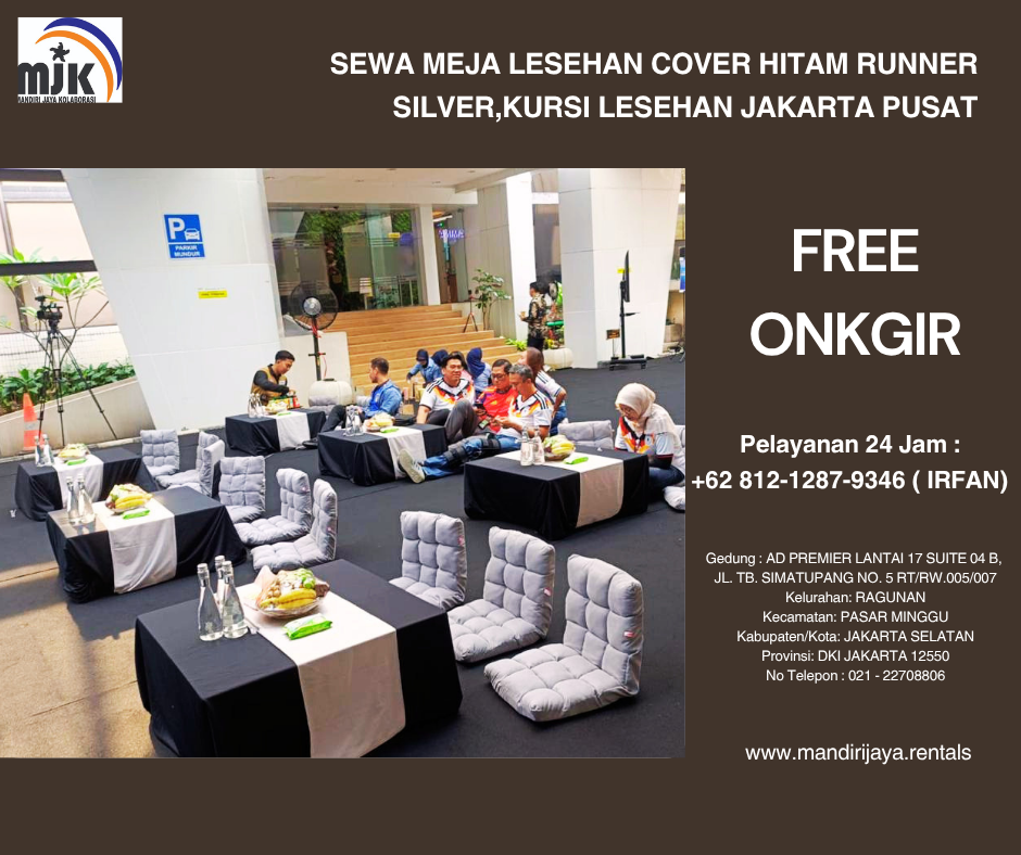 Sewa Meja Lesehan cover Hitam Runner Silver,Kursi Lesehan Jakarta Pusat