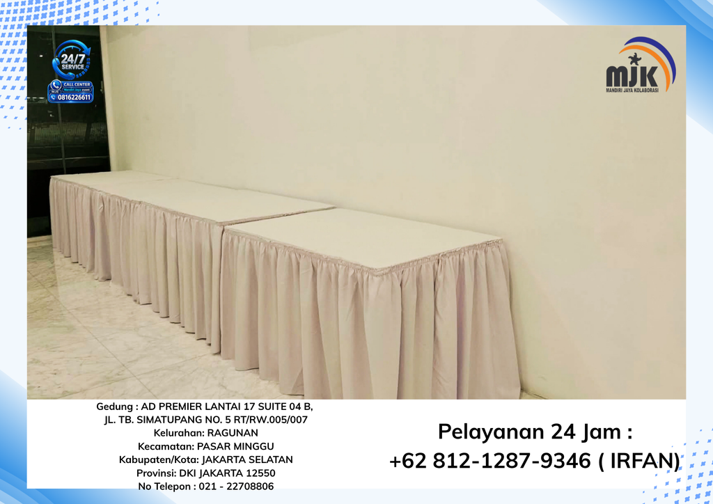 Sewa Meja Kotak Cover Skirting Putih,Round Table Jakarta 081212879346 IRFAN