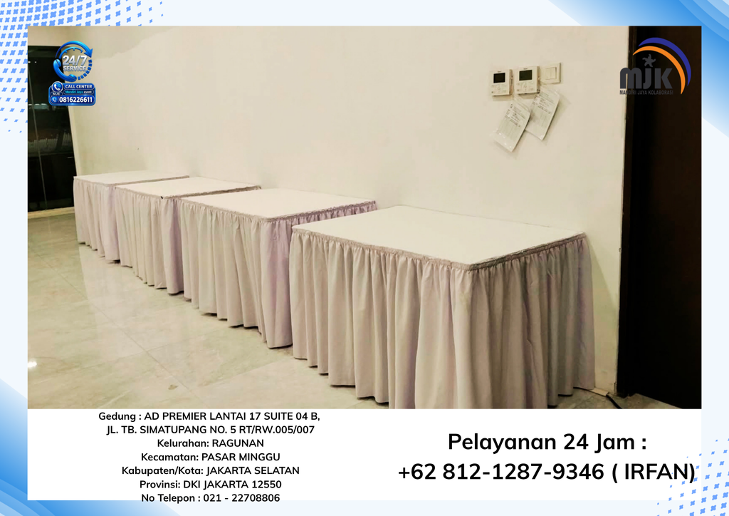 Sewa Meja Kotak Cover Skirting Putih,Round Table Jakarta 081212879346 IRFAN