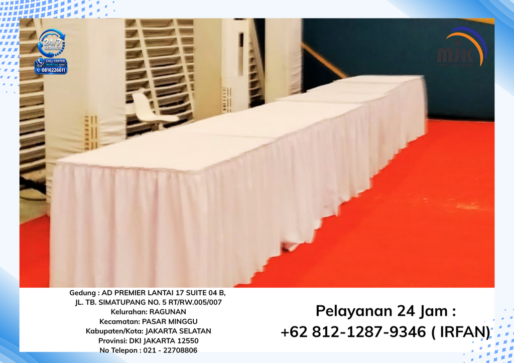 Sewa Meja Kotak Cover Skirting Putih,Round Table Jakarta 081212879346 IRFAN