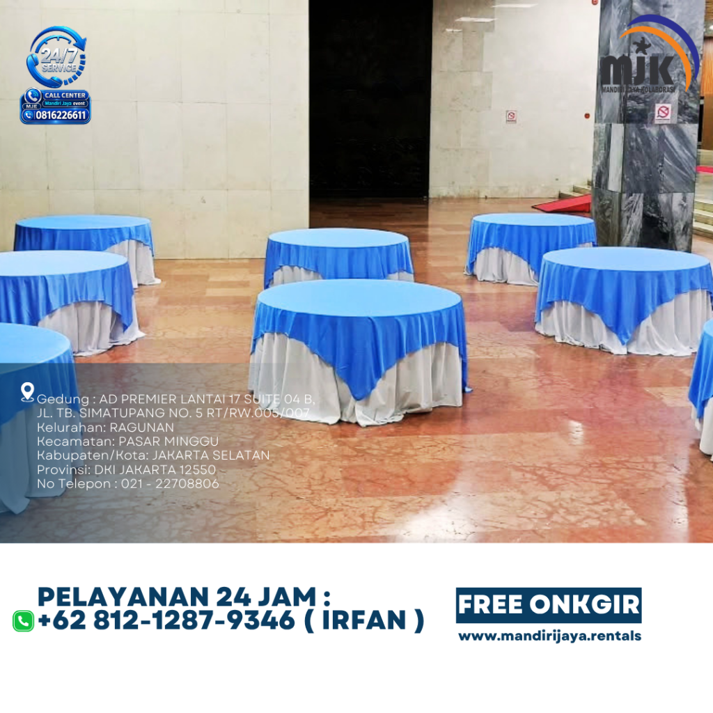 Sewa Meja Bulat UK160 Tebar Putih Toping Biru Jakarta 081212879346 IRFAN