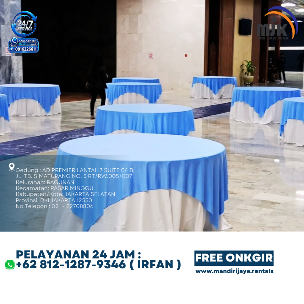 Sewa Meja Bulat UK160 Tebar Putih Toping Biru Jakarta 081212879346 IRFAN