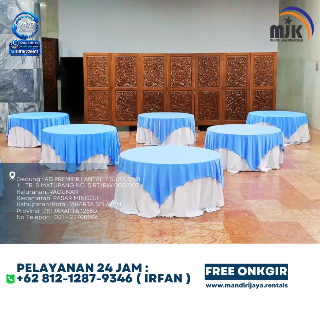 Sewa Meja Bulat UK160 Tebar Putih Toping Biru Jakarta 081212879346 IRFAN