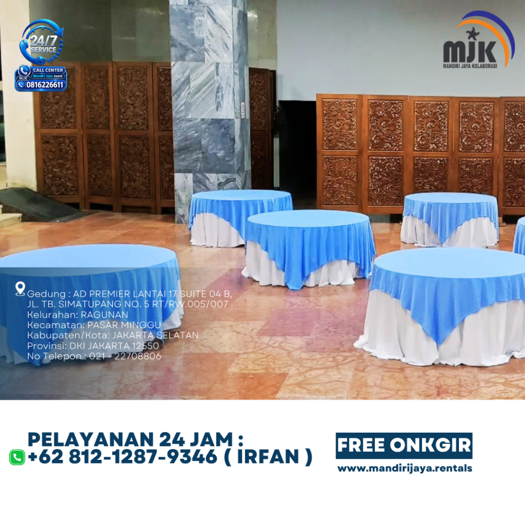 Sewa Meja Bulat UK160 Tebar Putih Toping Biru Jakarta 081212879346 IRFAN