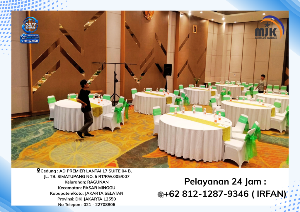 Sewa Round Table D180 Cover Putih PIta Coklat Jakarta