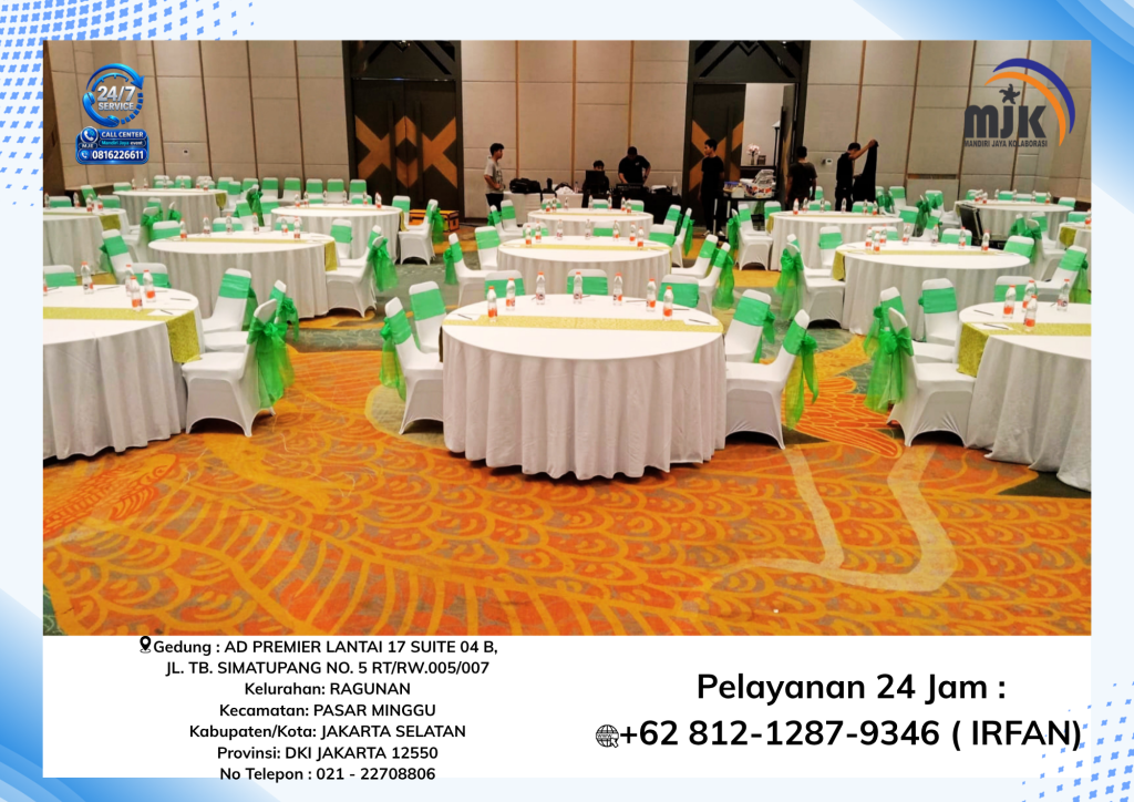 Sewa Round Table D180 Cover Putih PIta Coklat Jakarta
