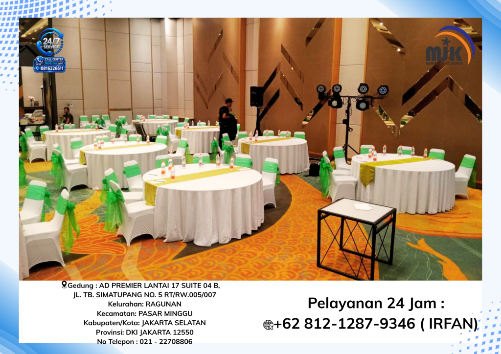 Sewa Round Table D180 Cover Putih PIta Coklat Jakarta