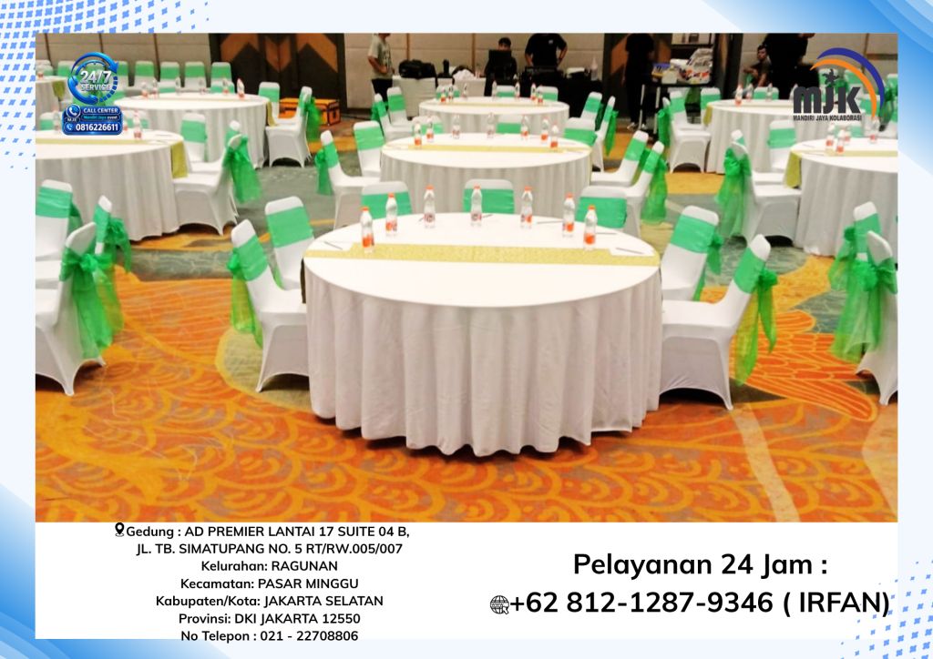 Sewa Round Table D180 Cover Putih PIta Coklat Jakarta